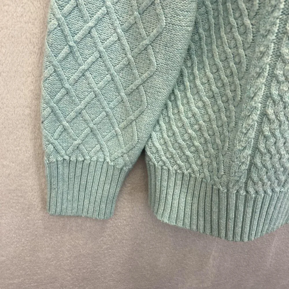 Talbots Cable Knit Sweater Womens Petite Large PL‎ Aqua Blue Buttons Old Money